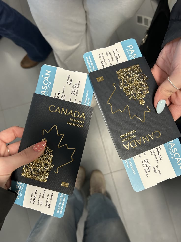 Travel documents and a Canadian passport in an airport setting